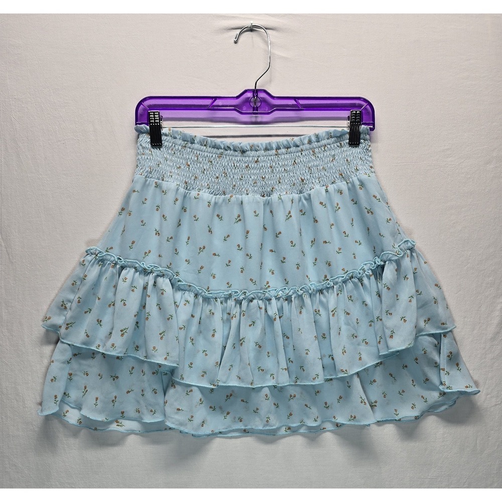 Altard State Large Blue Floral Ruffle Mini Skirt Smocked Waist Cottagecore Boho